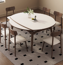 黑胡桃木色可伸缩实木岩板餐桌可变圆桌小户型家用原木中古风饭桌